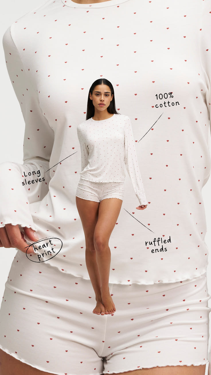 Heart-print 100% cotton pajama set — long sleeves, ruffled ends