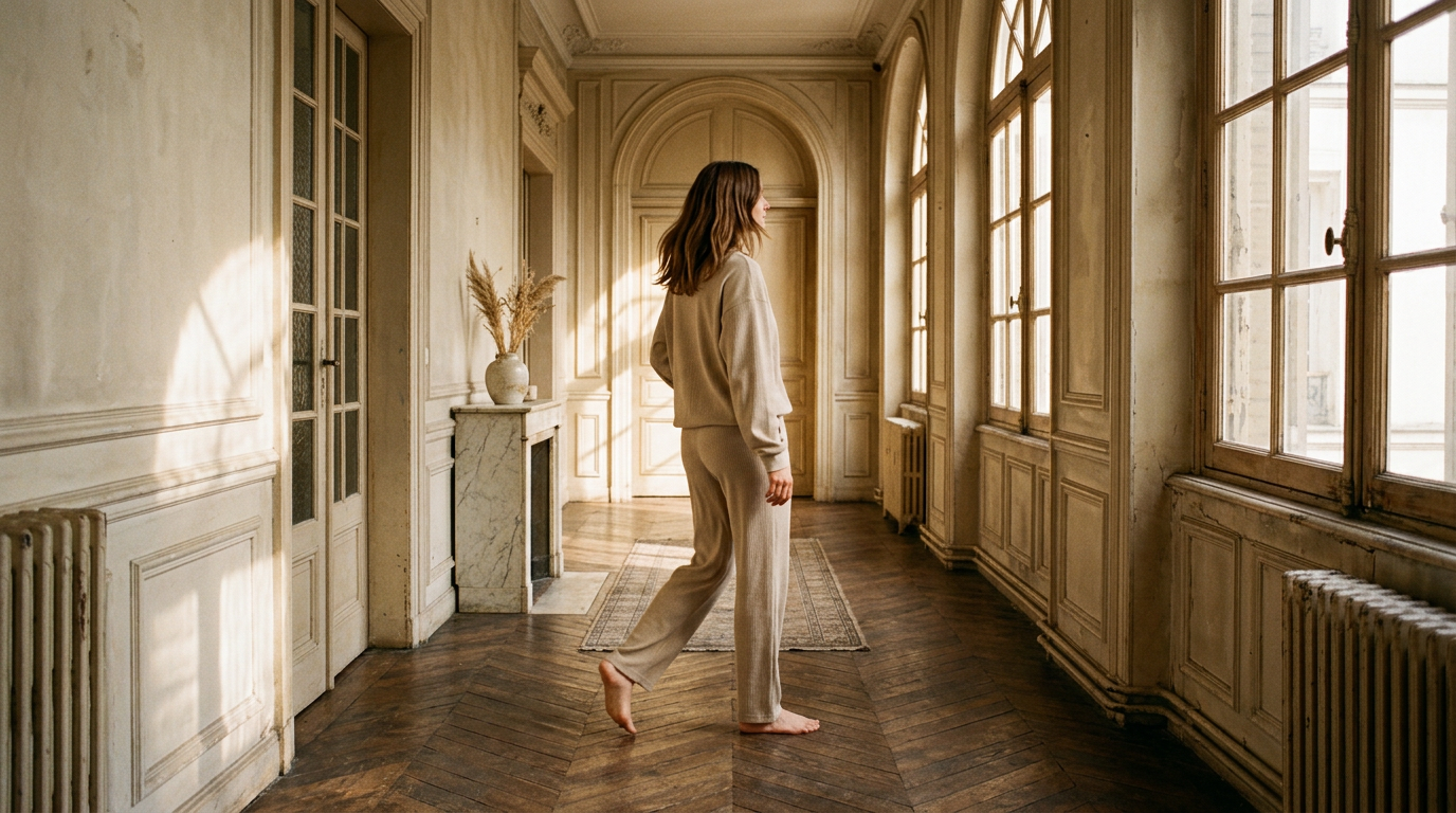 Editorial banner — woman in ivory loungewear by a window