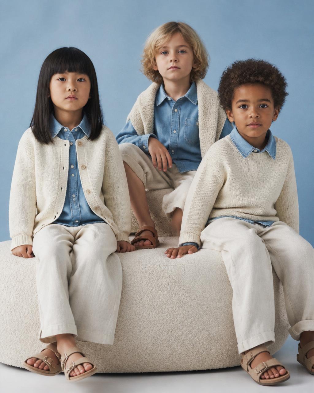 Three kids in denim and cream knit editorial group shot