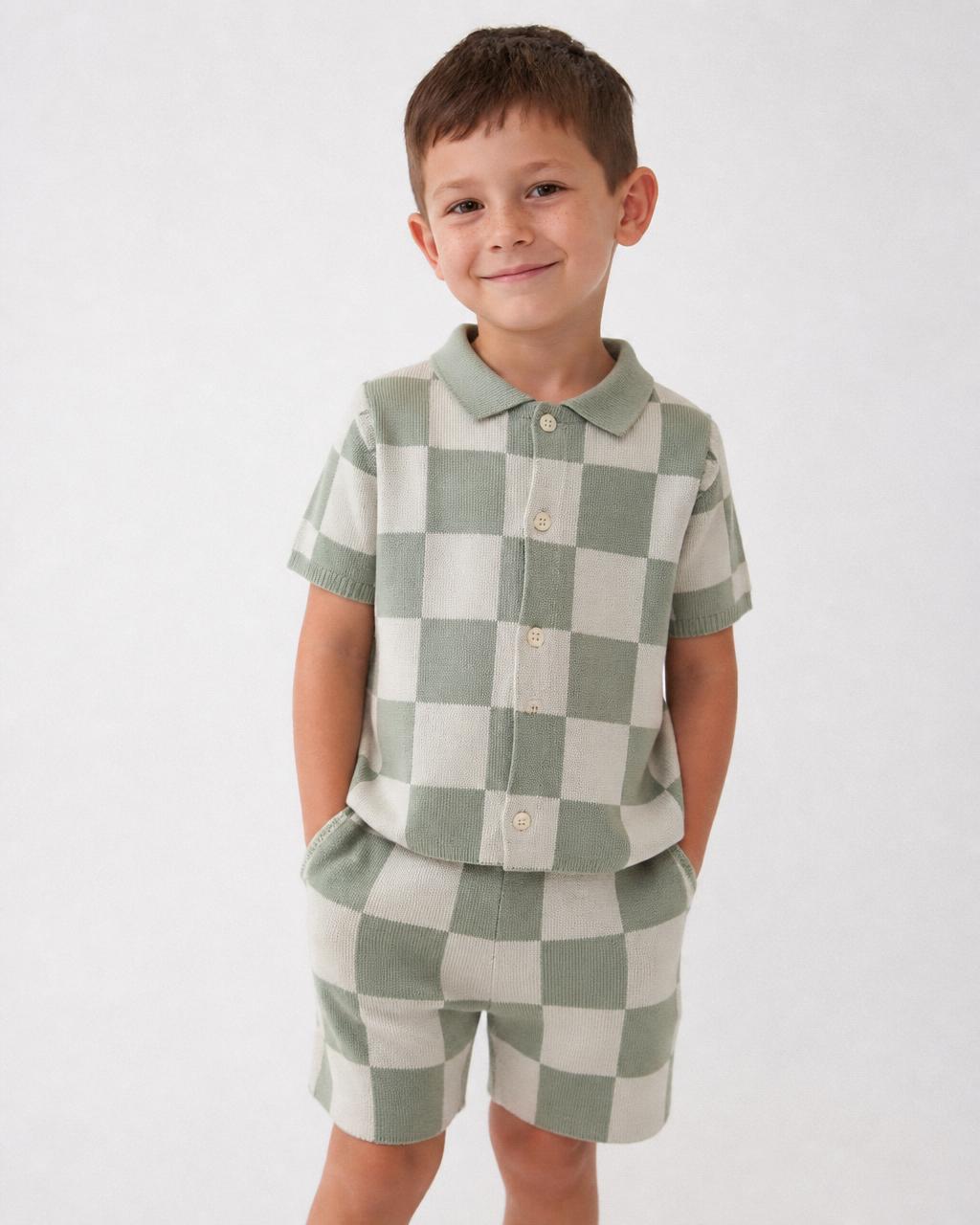 Sage Checker Knit Set on model