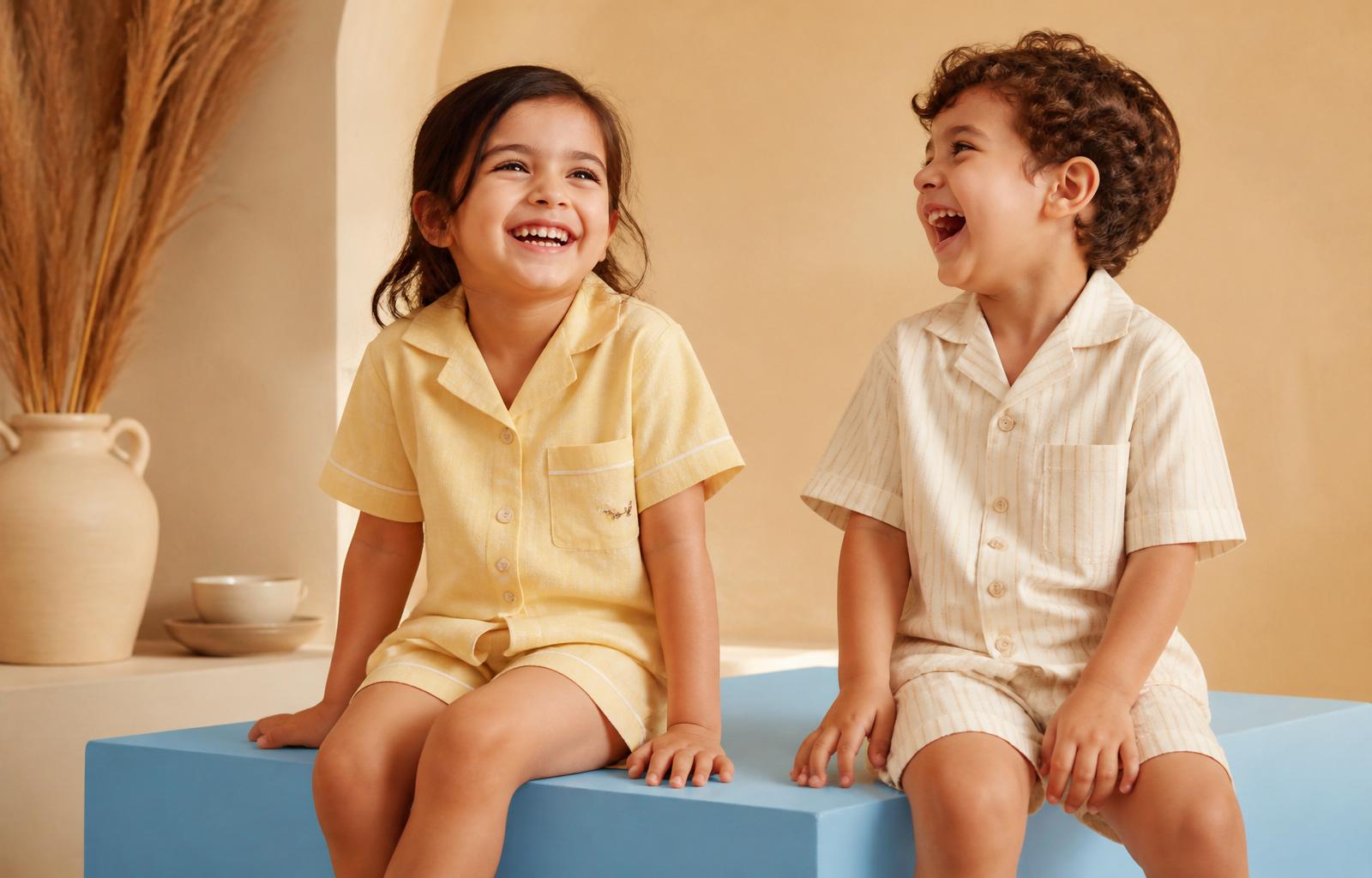 Two toddlers laughing in Lemon Pop kids pyjama sets