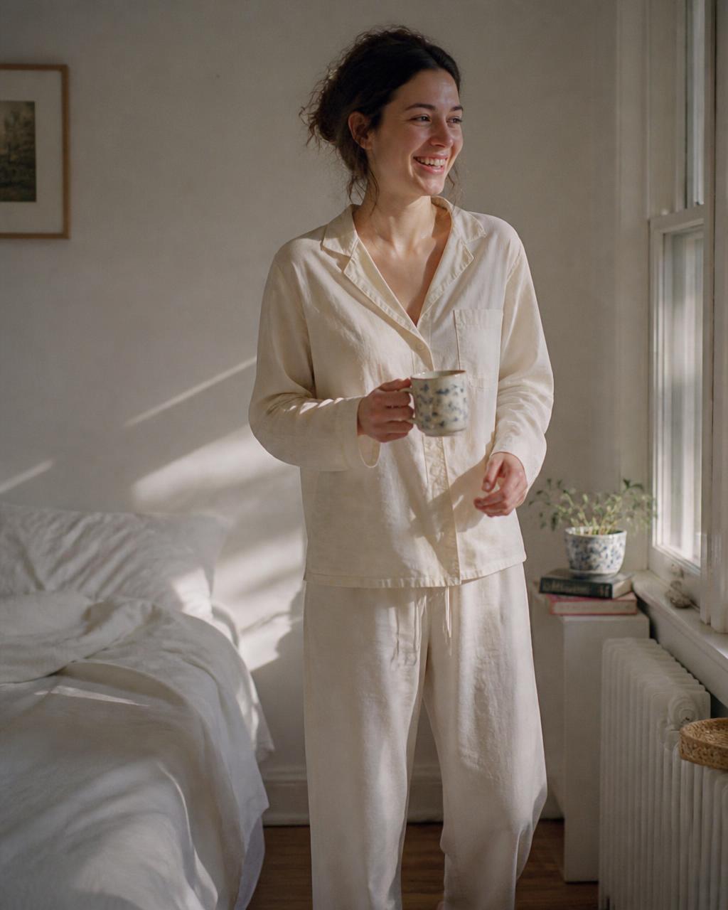 Ivory Cotton Night Set on model