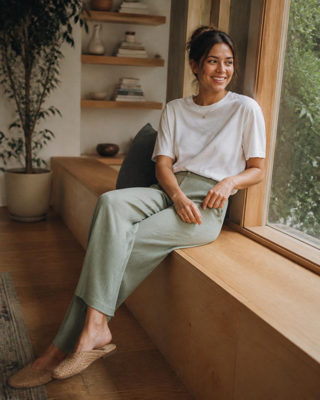 Sage Rib Lounge Pant on model